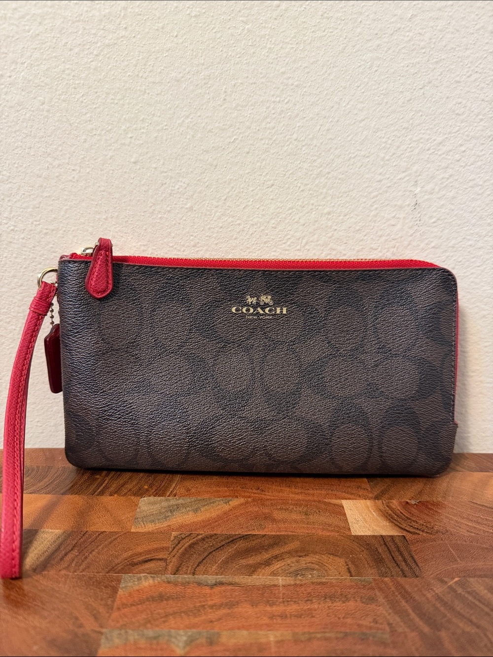 Coach Double Zip Wristlet Signature Canvas Brown Red PVC Leather Wallet Clutch